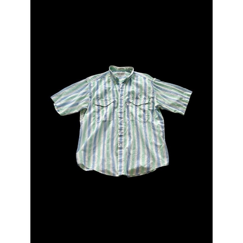 Vintage‎ 70's Levis Big E Large Blue Green Striped Button Up Shirt Silver Tab